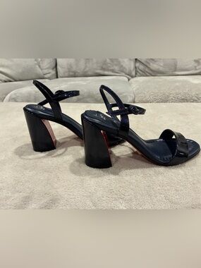 Christian Louboutin Women’s Dark Navy Patent Block Heel Sandals - Sparkle Strap